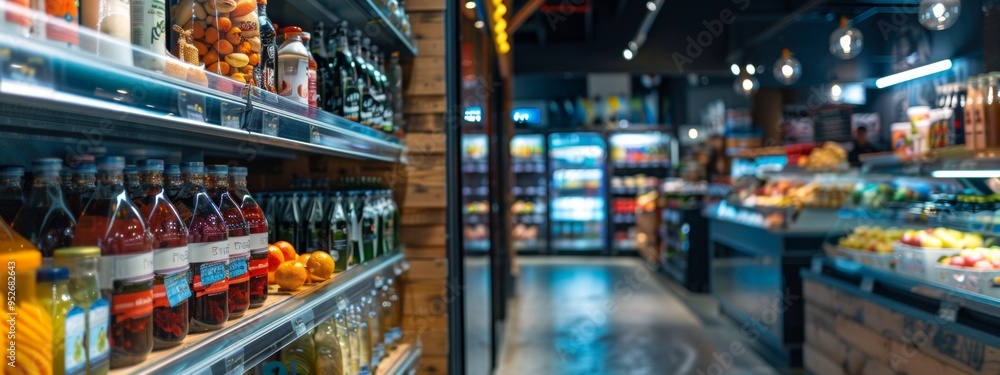 Modern grocery store aisle with beverages and fresh produce Modern grocery store aisle with beverages and fresh produce
