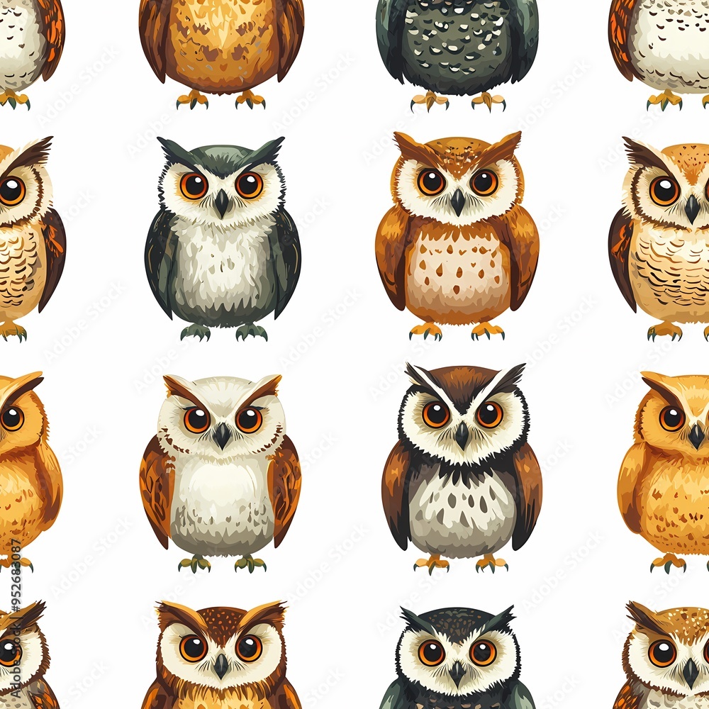 Fototapeta premium Colorful patterned illustration of various cartoon owls on a white background.