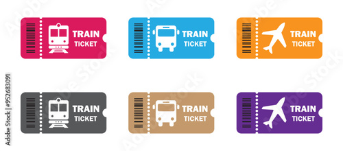 Vintage ticket for bus, plane, ship and train icon set. Travel tickets for transport with barcode. Vector illustration.
