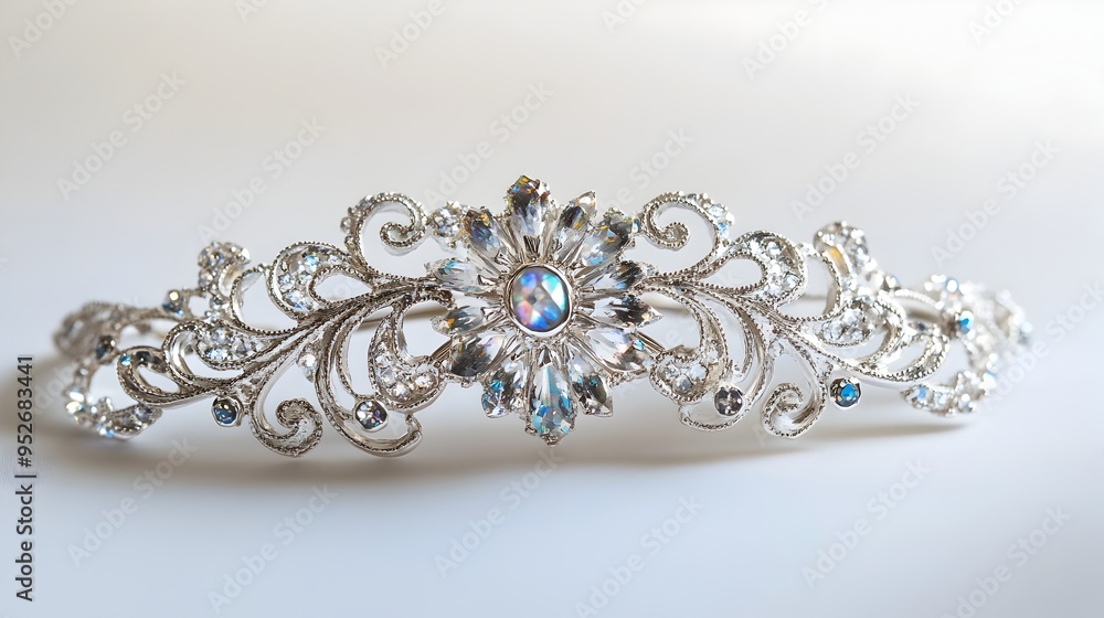 Obraz premium Exquisite Silver Filigree Hair Clip with Sparkling Iridescent Gems on Pristine White Backdrop
