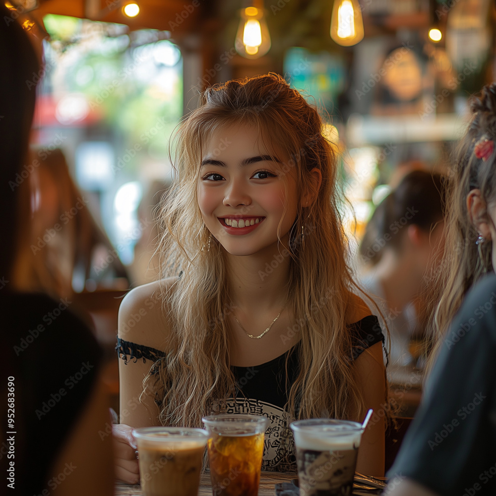 A young woman with fiery red hair beams with joy as she sits in a cozy cafe, surrounded by friends, a cup of coffee in hand. Her radiant smile and warm gaze radiate hap A young woman with fiery red hair beams with joy as she sits in a cozy cafe, surrounded by friends, a cup of coffee in hand. Her radiant smile and warm gaze radiate hap