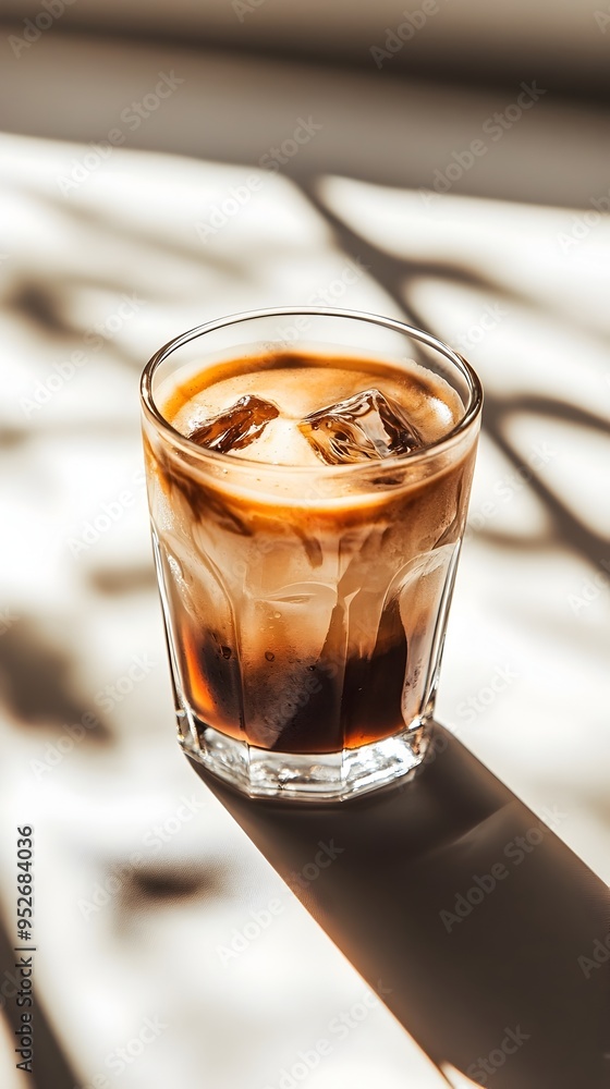 Freshly Brewed Iced Coffee with Creamy Foam Illuminated by Warm Sunbeams in Transparent Glass Freshly Brewed Iced Coffee with Creamy Foam Illuminated by Warm Sunbeams in Transparent Glass