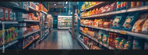 Aisle in a modern grocery store filled with snacks and products photo