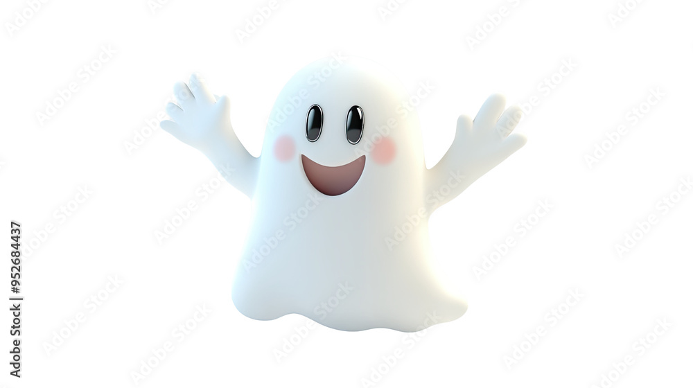 Friendly Cartoon Ghost with Rosy Cheeks Waving Hello on White Background Friendly Cartoon Ghost with Rosy Cheeks Waving Hello on White Background