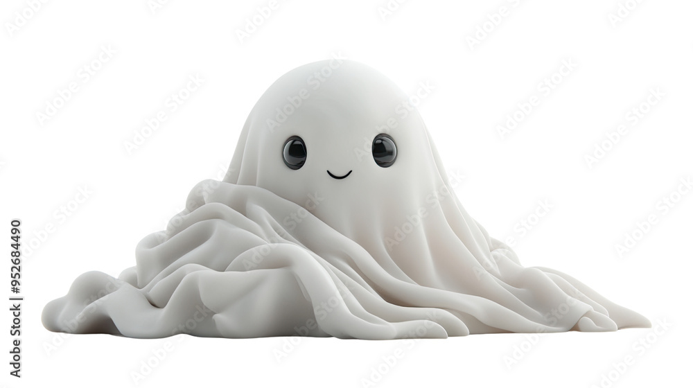 Friendly Cartoon Ghost Wrapped in Blanket on White Background Friendly Cartoon Ghost Wrapped in Blanket on White Background