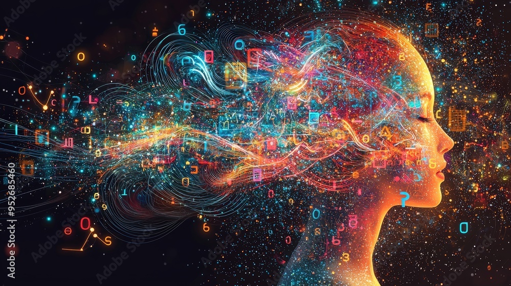 A woman's silhouette is illuminated with vibrant colors, showcasing a cascade of digital symbols and abstract forms, signifying the fusion of creativity and technology A woman's silhouette is illuminated with vibrant colors, showcasing a cascade of digital symbols and abstract forms, signifying the fusion of creativity and technology