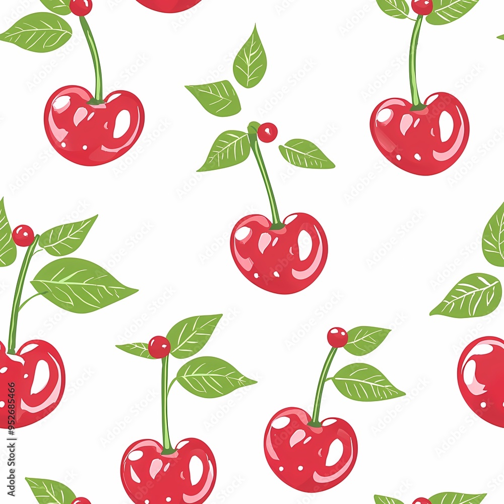 Vibrant red cherries with green leaves on a white background. Vibrant red cherries with green leaves on a white background.