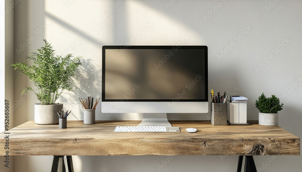 Fototapeta premium Minimalist workspace is featuring a computer with a blank screen for mockup, perfect for displaying your website or application