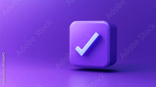 A 3D checkmark icon in a square on a purple background.