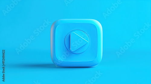 A 3D render of a blue play button icon on a blue background.