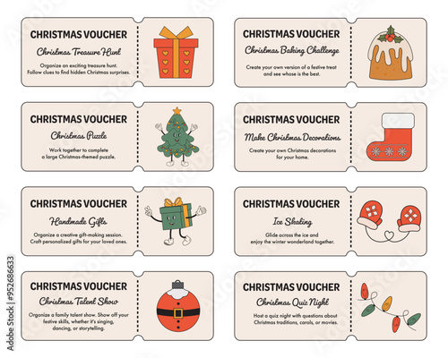 Advent voucher with Christmas activities and tasks for family, friends, couples. Christmas gift idea, celebration of winter holidays. Christmas coupon book. Funny vouchers in vintage retro style.