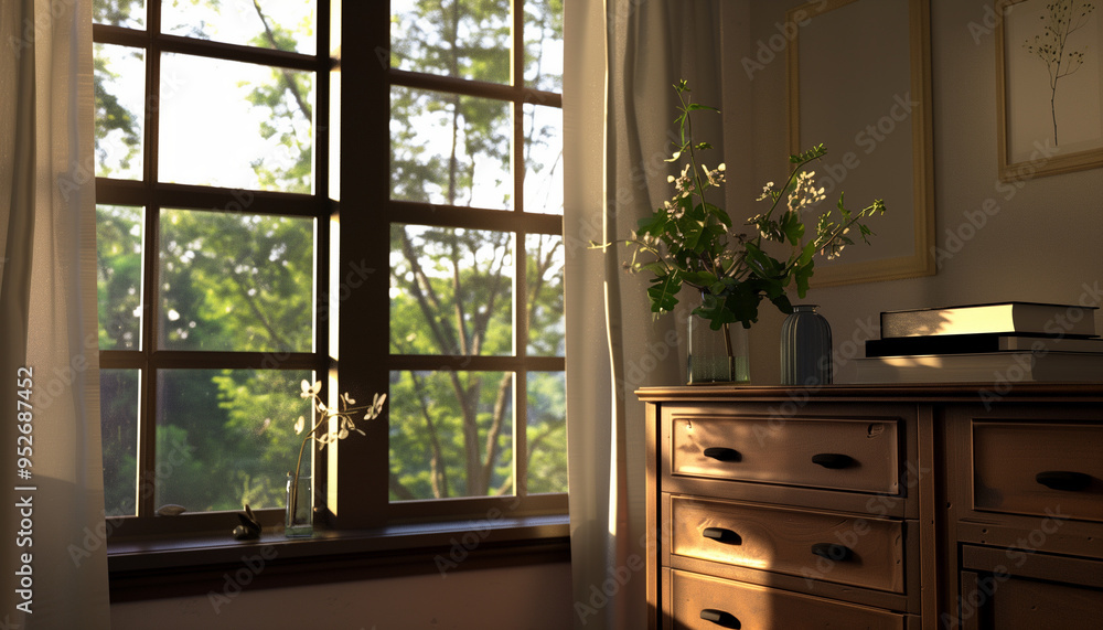 Fototapeta premium Morning light streaming through window onto wooden dresser with books and vase of flowers