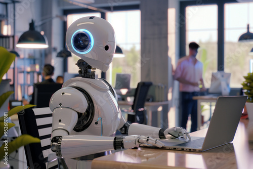 Humanoid robot working on a laptop in a modern office environment, surrounded by professionals, integration of ai and robotics in the workplace