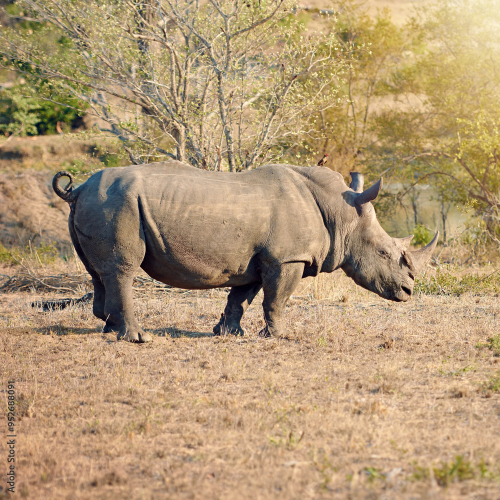 Rhino, ecosystem and protected in nature for survival, poaching prevention or safe environment. Endangered species, conservation or animal in safari for risk awareness in wildlife reserve in Africa Rhino, ecosystem and protected in nature for survival, poaching prevention or safe environment. Endangered species, conservation or animal in safari for risk awareness in wildlife reserve in Africa