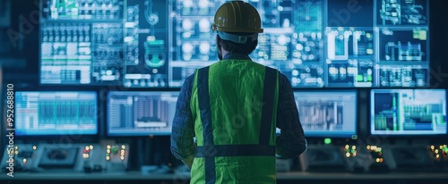 Worker in a Control Room Observing Data on Multiple Monitors