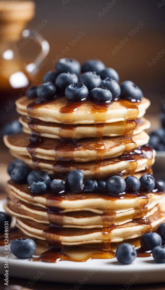 Stack of pancakes with blueberries and maple syrup Stack of pancakes with blueberries and maple syrup