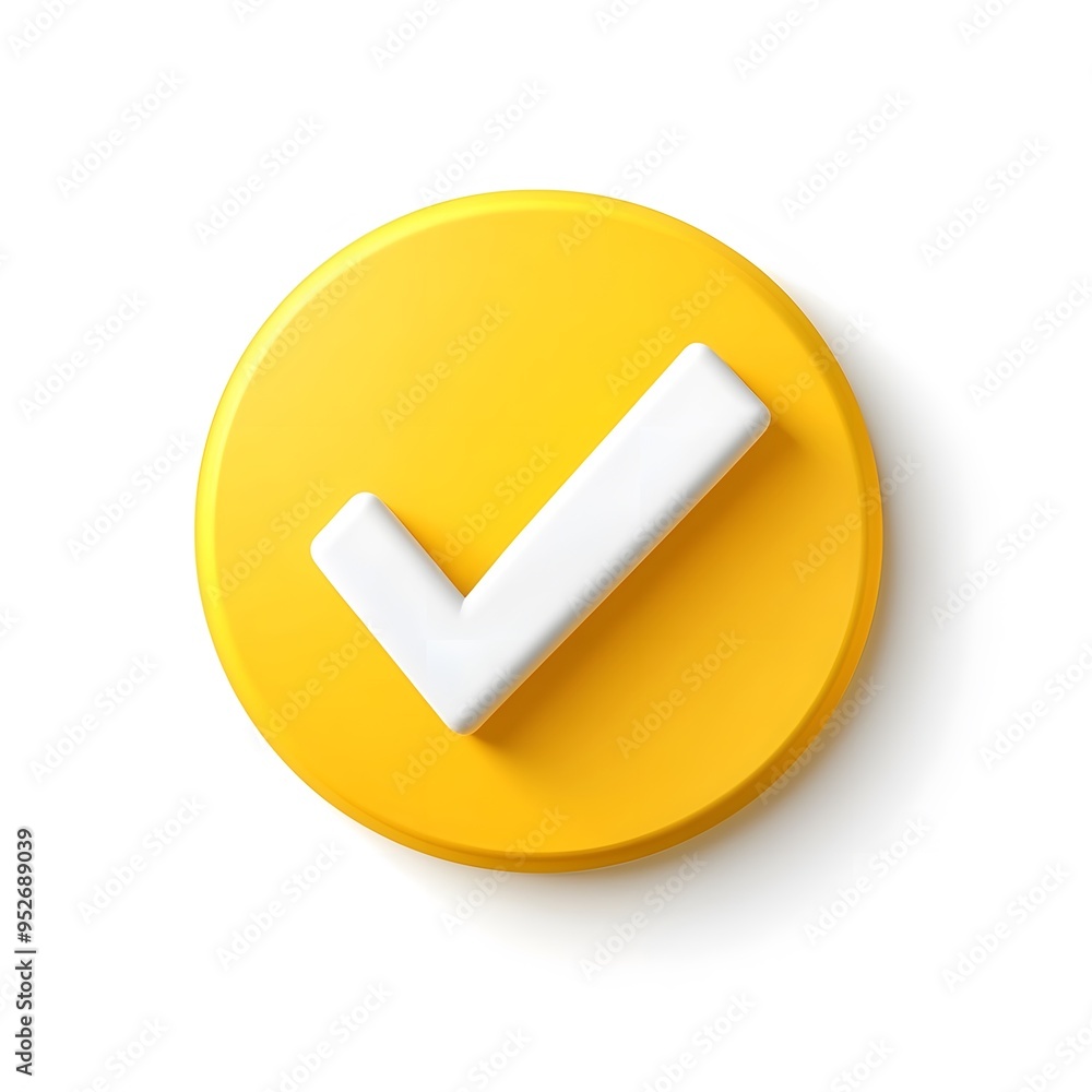 3d check icon, checklist tick, done mark. Vector realistic plastic style checkmark, symbol of selection, confirmation or approval. yellow circle with a white, white background 3d check icon, checklist tick, done mark. Vector realistic plastic style checkmark, symbol of selection, confirmation or approval. yellow circle with a white, white background