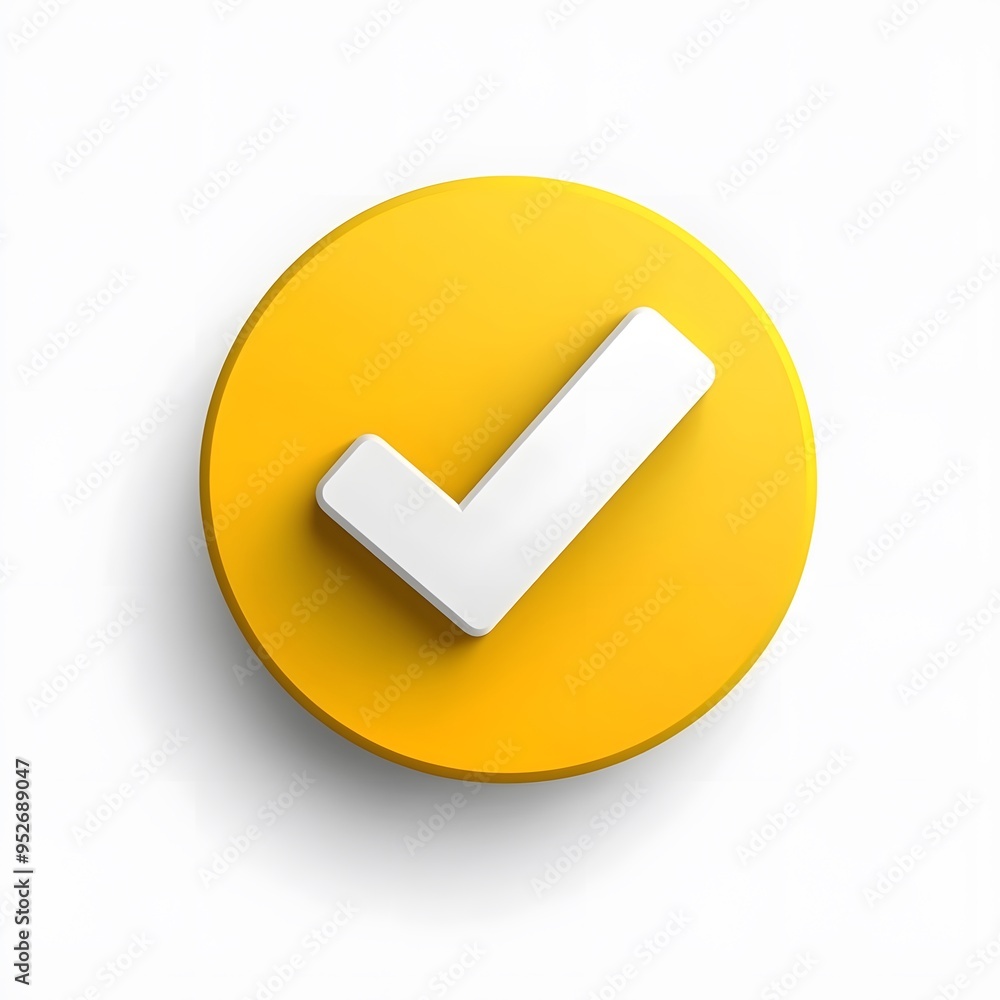 3d check icon, checklist tick, done mark. Vector realistic plastic style checkmark, symbol of selection, confirmation or approval. yellow circle with a white, white background 3d check icon, checklist tick, done mark. Vector realistic plastic style checkmark, symbol of selection, confirmation or approval. yellow circle with a white, white background