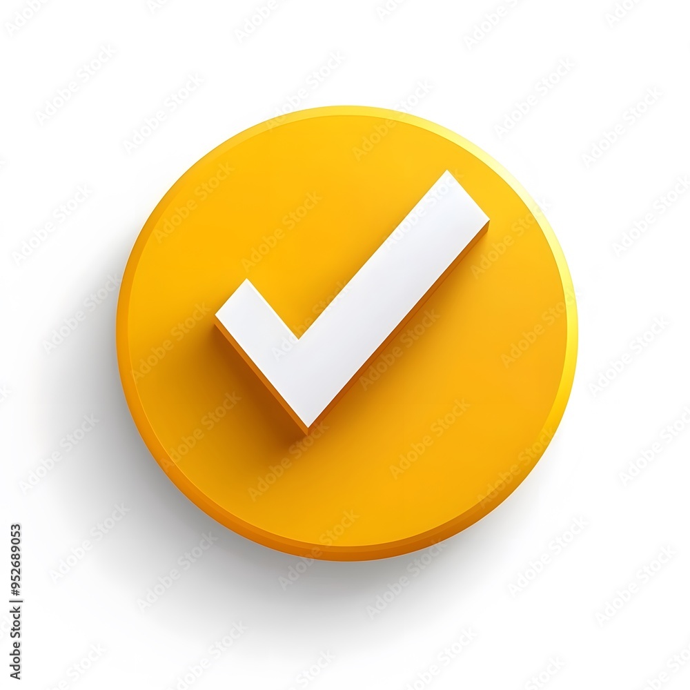 3d check icon, checklist tick, done mark. Vector realistic plastic style checkmark, symbol of selection, confirmation or approval. yellow circle with a white, white background 3d check icon, checklist tick, done mark. Vector realistic plastic style checkmark, symbol of selection, confirmation or approval. yellow circle with a white, white background