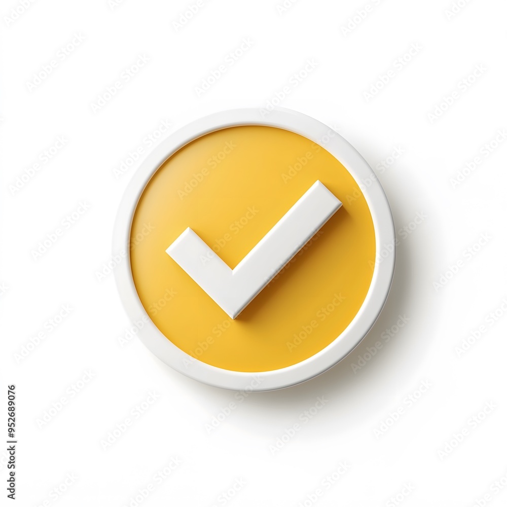 3d check icon, checklist tick, done mark. Vector realistic plastic style checkmark, symbol of selection, confirmation or approval. yellow circle with a white, white background 3d check icon, checklist tick, done mark. Vector realistic plastic style checkmark, symbol of selection, confirmation or approval. yellow circle with a white, white background