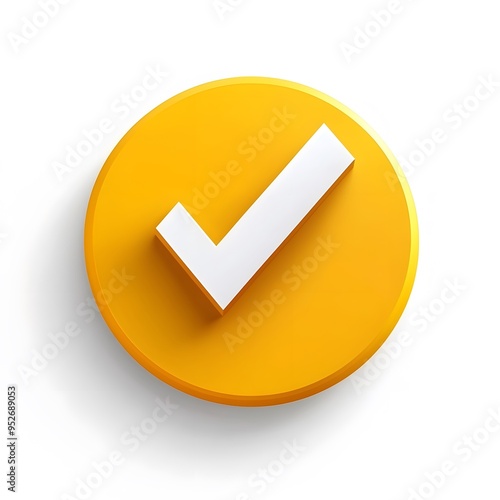 3d check icon, checklist tick, done mark. Vector realistic plastic style checkmark, symbol of selection, confirmation or approval. yellow circle with a white, white background