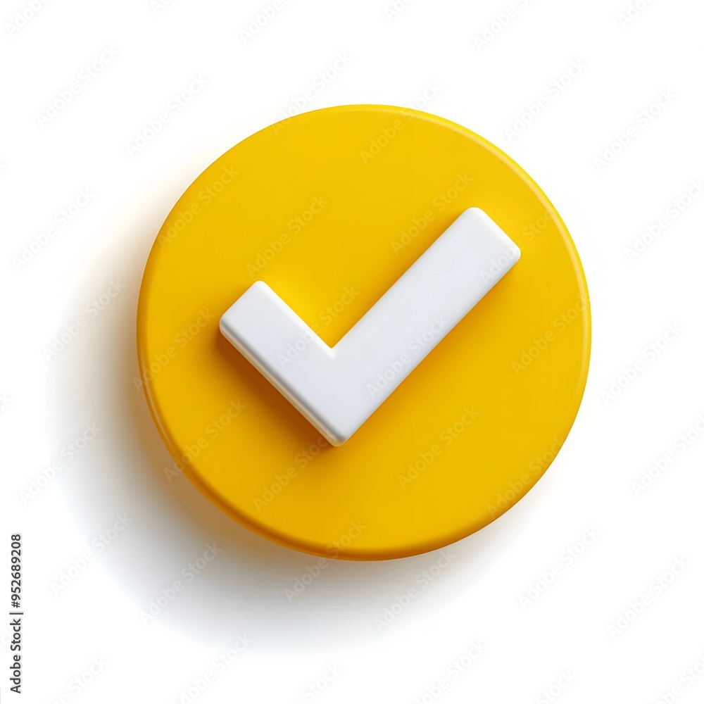 3d check icon, checklist tick, done mark. Vector realistic plastic style checkmark, symbol of selection, confirmation or approval. yellow circle with a white, white background 3d check icon, checklist tick, done mark. Vector realistic plastic style checkmark, symbol of selection, confirmation or approval. yellow circle with a white, white background