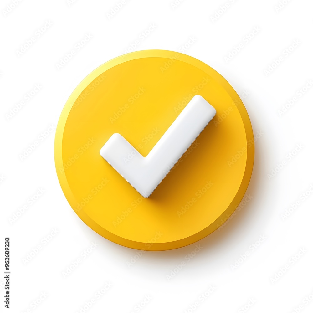3d check icon, checklist tick, done mark. Vector realistic plastic style checkmark, symbol of selection, confirmation or approval. yellow circle with a white, white background 3d check icon, checklist tick, done mark. Vector realistic plastic style checkmark, symbol of selection, confirmation or approval. yellow circle with a white, white background
