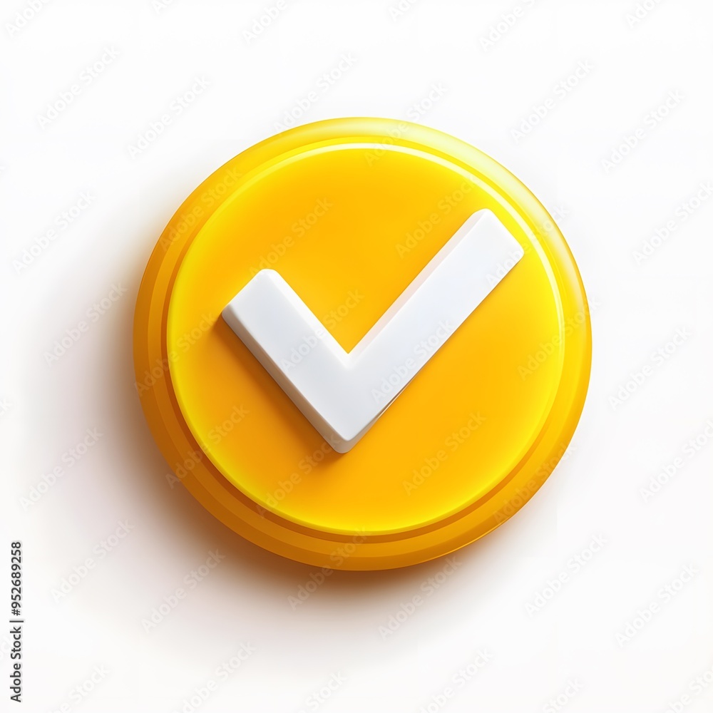 3d check icon, checklist tick, done mark. Vector realistic plastic style checkmark, symbol of selection, confirmation or approval. yellow circle with a white, white background 3d check icon, checklist tick, done mark. Vector realistic plastic style checkmark, symbol of selection, confirmation or approval. yellow circle with a white, white background
