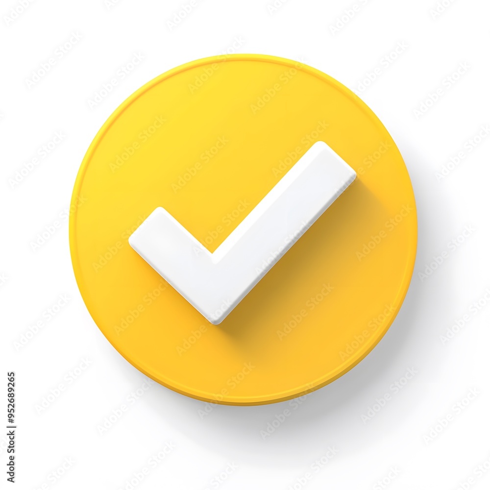 3d check icon, checklist tick, done mark. Vector realistic plastic style checkmark, symbol of selection, confirmation or approval. yellow circle with a white, white background 3d check icon, checklist tick, done mark. Vector realistic plastic style checkmark, symbol of selection, confirmation or approval. yellow circle with a white, white background