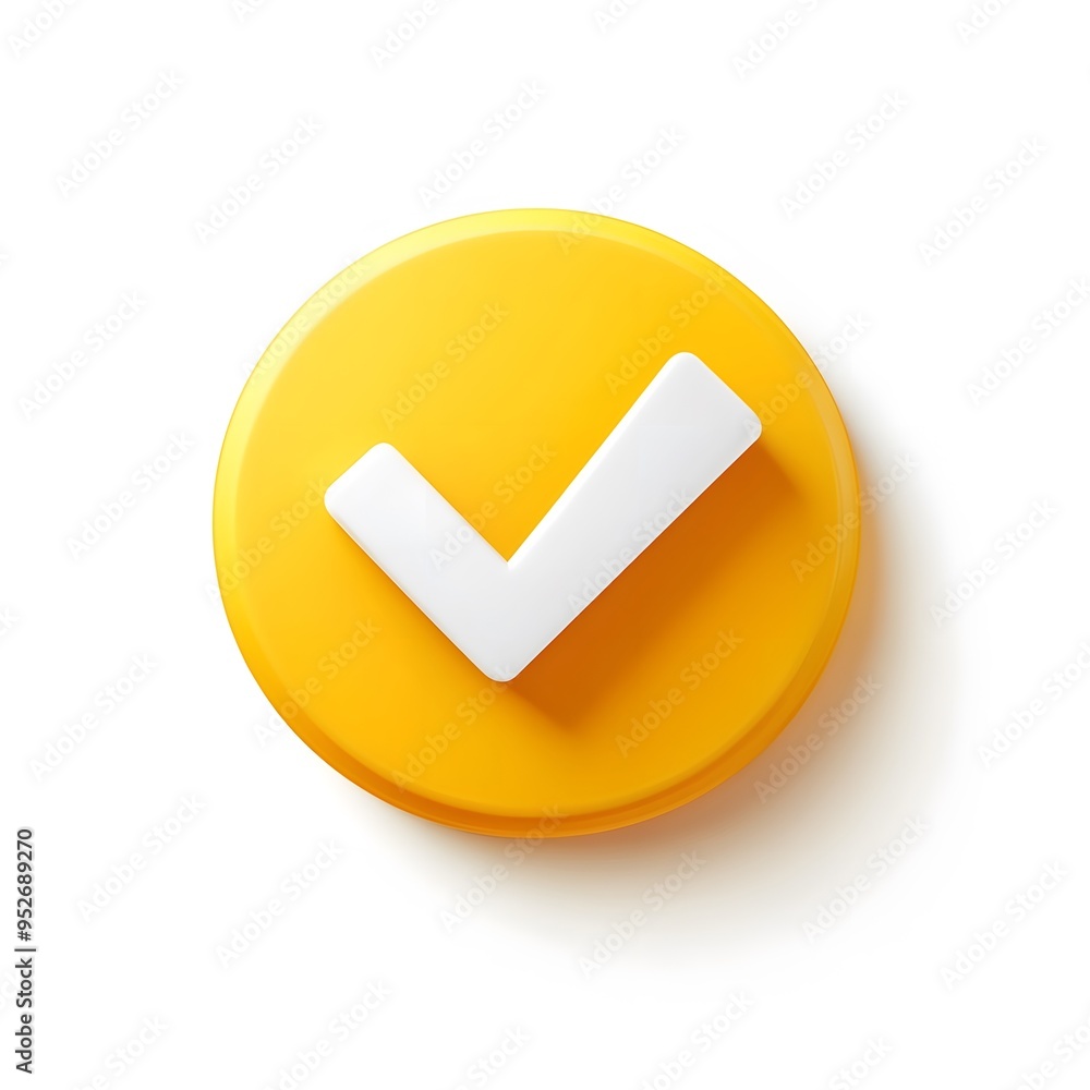 3d check icon, checklist tick, done mark. Vector realistic plastic style checkmark, symbol of selection, confirmation or approval. yellow circle with a white, white background 3d check icon, checklist tick, done mark. Vector realistic plastic style checkmark, symbol of selection, confirmation or approval. yellow circle with a white, white background