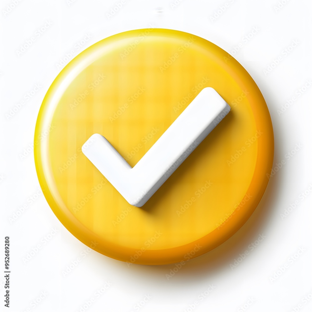 3d check icon, checklist tick, done mark. Vector realistic plastic style checkmark, symbol of selection, confirmation or approval. yellow circle with a white, white background 3d check icon, checklist tick, done mark. Vector realistic plastic style checkmark, symbol of selection, confirmation or approval. yellow circle with a white, white background