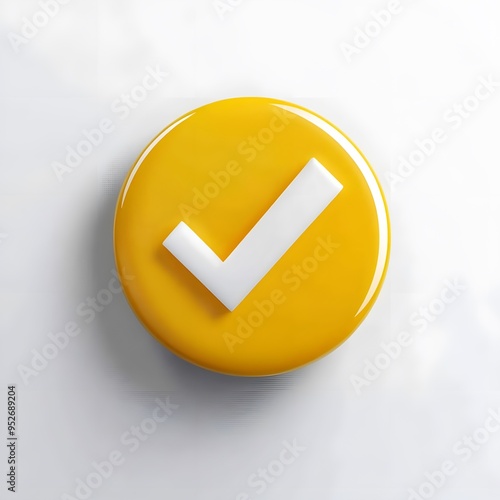 3d check icon, checklist tick, done mark. Vector realistic plastic style checkmark, symbol of selection, confirmation or approval. yellow circle with a white, white background