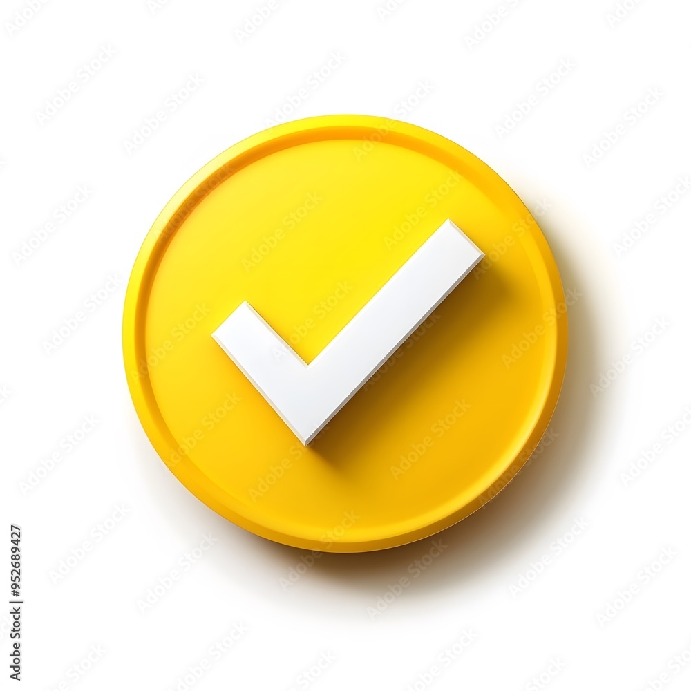 3d check icon, checklist tick, done mark. Vector realistic plastic style checkmark, symbol of selection, confirmation or approval. yellow circle with a white, white background 3d check icon, checklist tick, done mark. Vector realistic plastic style checkmark, symbol of selection, confirmation or approval. yellow circle with a white, white background