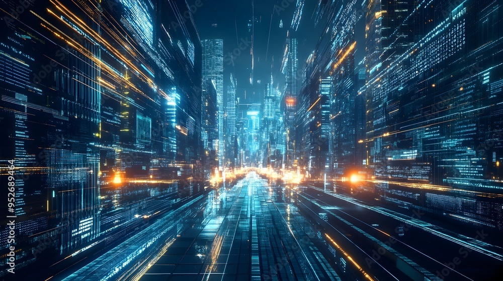 Fototapeta premium Futuristic Digital Blockchain Technology Infrastructure Cityscape Backdrop