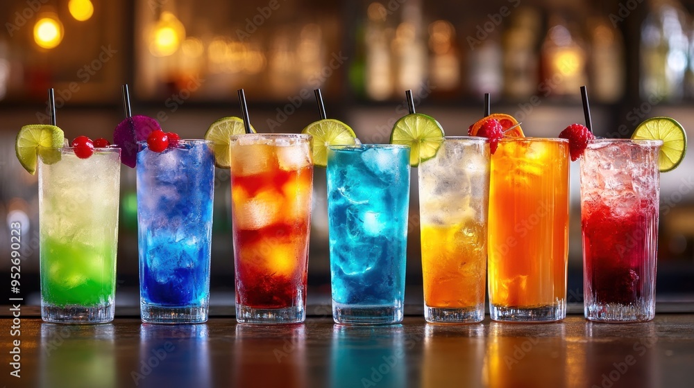 vibrant colorful drinks, neatly arranged in a row on a wooden table vibrant colorful drinks, neatly arranged in a row on a wooden table