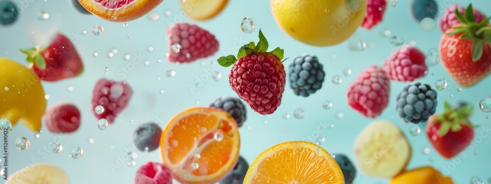 Assorted fruits and berries in water with vibrant colors Assorted fruits and berries in water with vibrant colors