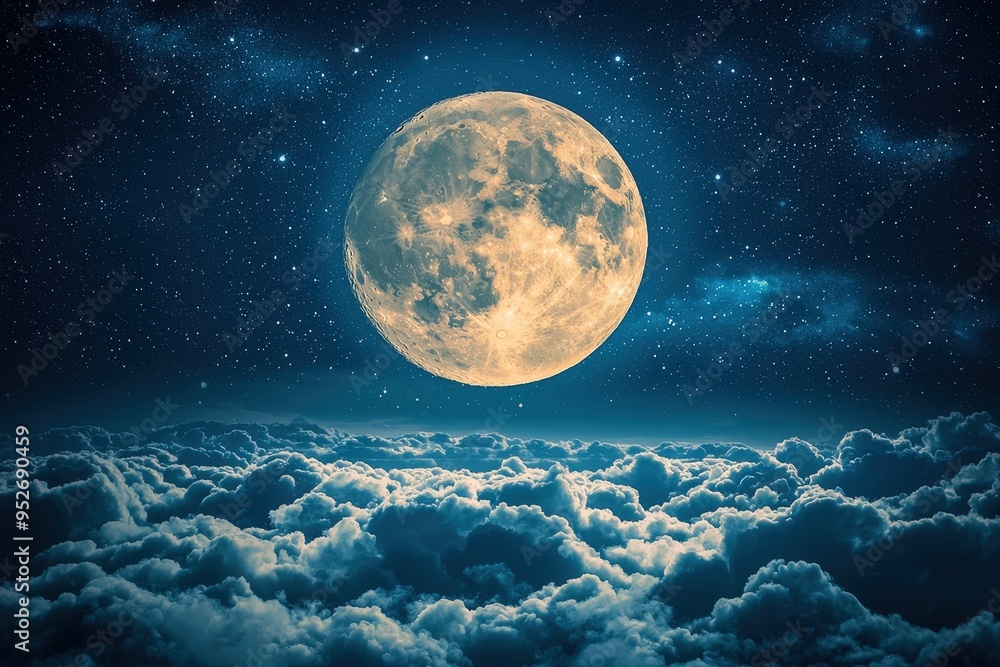 A luminous full moon hangs in the night sky, casting silver light over gentle clouds while stars twinkle in the deep blue expanse above, creating a tranquil atmosphere A luminous full moon hangs in the night sky, casting silver light over gentle clouds while stars twinkle in the deep blue expanse above, creating a tranquil atmosphere