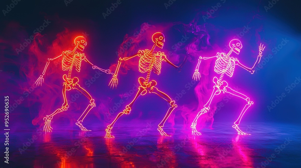 Three vibrant neon skeletons move energetically in a misty environment, showcasing lively poses that contribute to the festive Halloween spirit at night Three vibrant neon skeletons move energetically in a misty environment, showcasing lively poses that contribute to the festive Halloween spirit at night