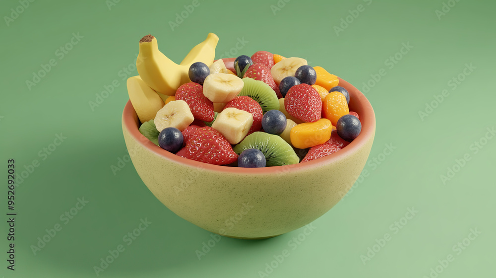 A bowl filled with fresh fruit, including strawberries, blueberries, kiwi, banana and orange slices. A bowl filled with fresh fruit, including strawberries, blueberries, kiwi, banana and orange slices.