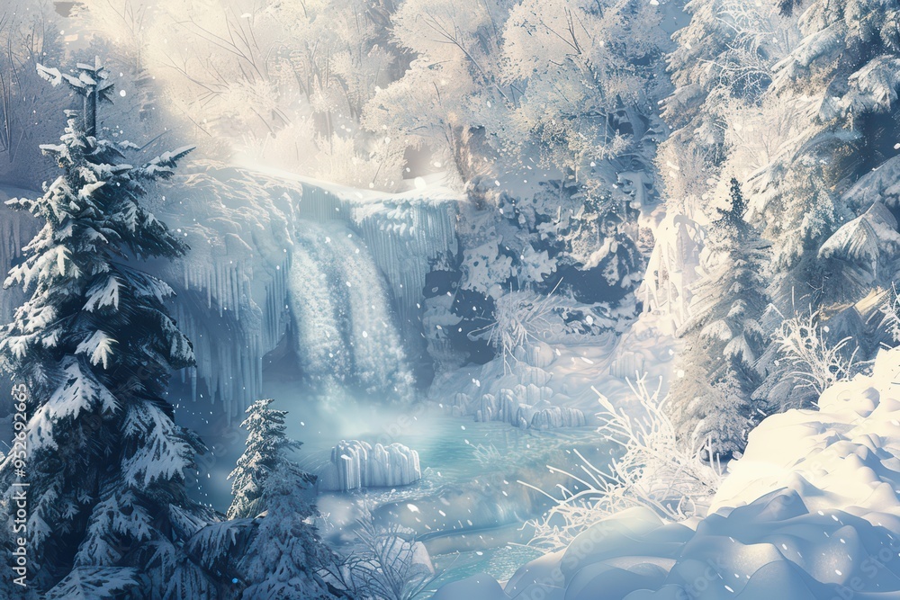 Fototapeta premium A serene winter landscape featuring a frozen waterfall surrounded by snow-covered trees and a gentle mist in the air.