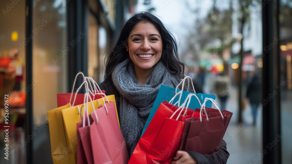 portrait of a woman standing in front of a store, smiling proudly with her arms full of Black Friday shopping bags, showcasing her successful hau portrait of a woman standing in front of a store, smiling proudly with her arms full of Black Friday shopping bags, showcasing her successful hau