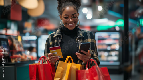 portrait of a woman with a joyful expression, holding a credit card and her phone, standing in front of a checkout counter with bags full of Black Friday deals