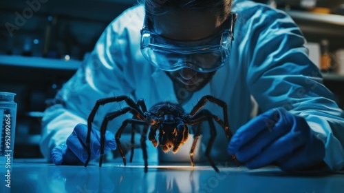 A scientist is experimenting research facility with a large spider background wallpaper AI generated image