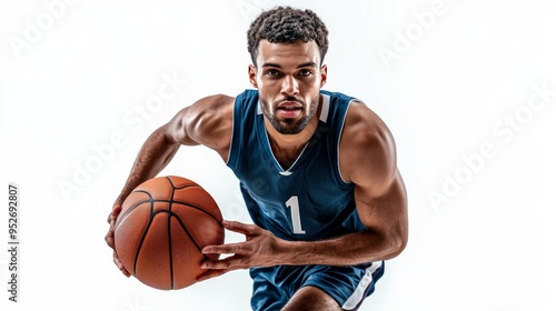 Focused on the Game: A determined basketball player in a blue jersey, dribbling with intensity, his eyes locked on the court, ready to take on any challenge. The image radiates athleticism, focus, and