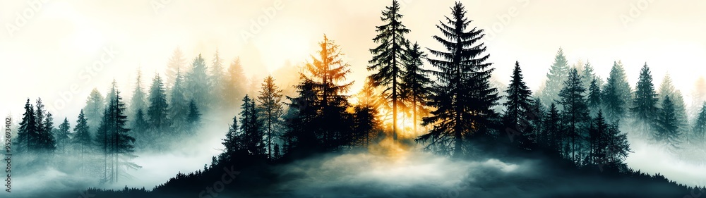 A serene forest landscape shrouded in mist, featuring tall trees illuminated by a warm sunrise, evoking tranquility and nature's beauty. A serene forest landscape shrouded in mist, featuring tall trees illuminated by a warm sunrise, evoking tranquility and nature's beauty.