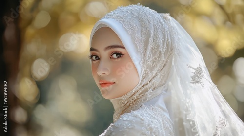 Beautiful Indonesian woman muslim glamour costume bride model in white hijab background wallpaper AI generated image