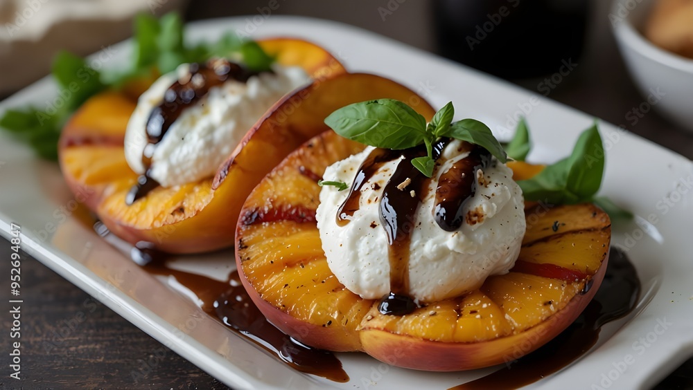 A dish of freshly baked peaches, pitta pieces, and whipped ricotta topped with herbs and a balsamic drizzle. A dish of freshly baked peaches, pitta pieces, and whipped ricotta topped with herbs and a balsamic drizzle.