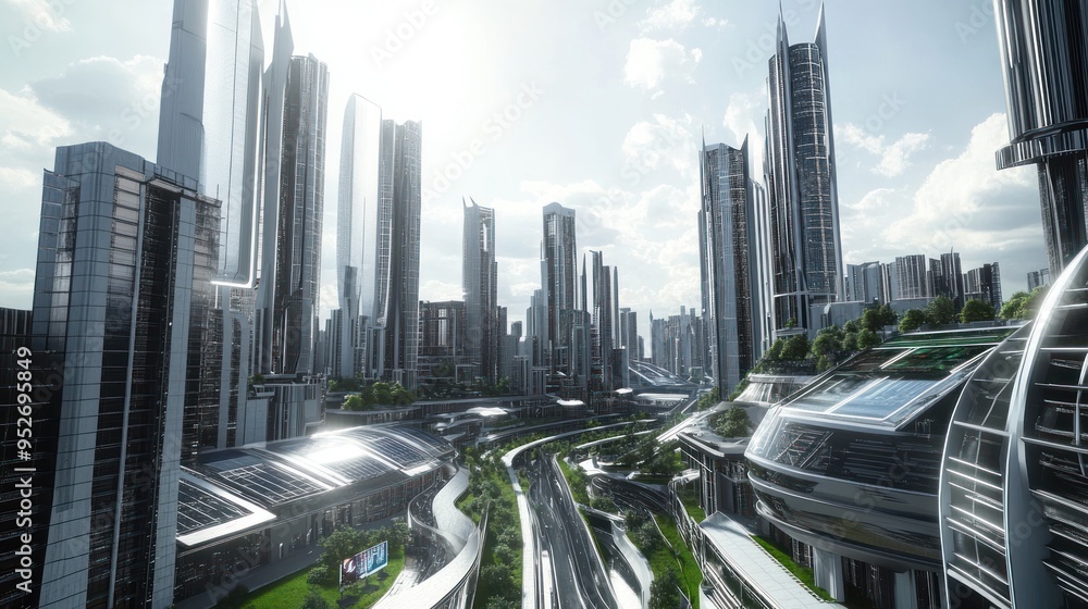 Obraz premium Futuristic Cityscape with Modern Architecture and Green Spaces