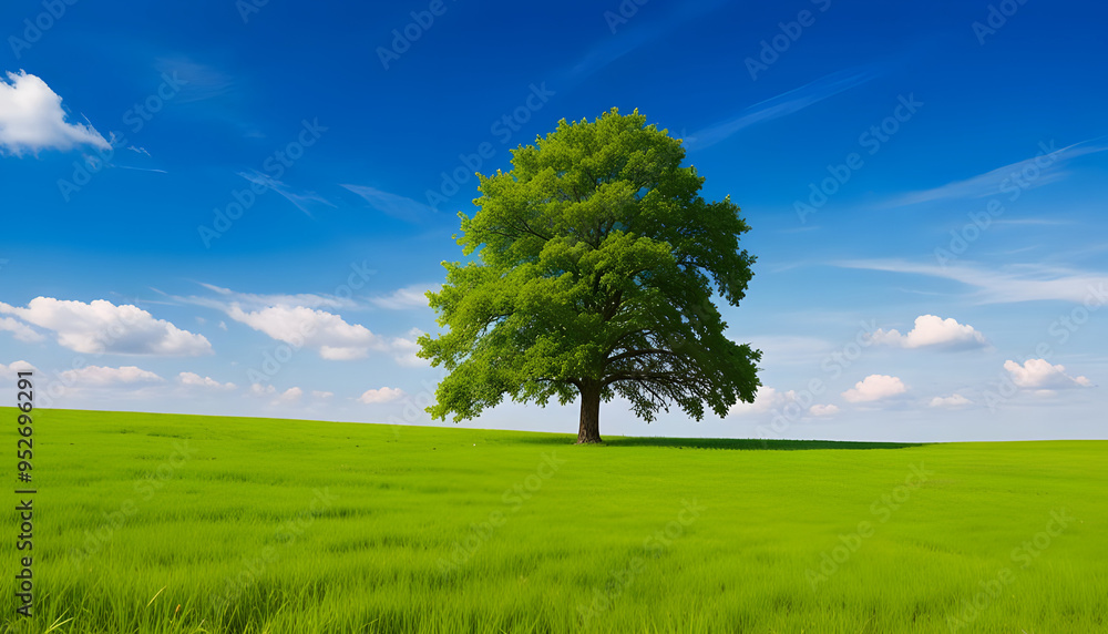 A tree in grass field with blue sky and beautiful nature landscape. Generative AI A tree in grass field with blue sky and beautiful nature landscape. Generative AI