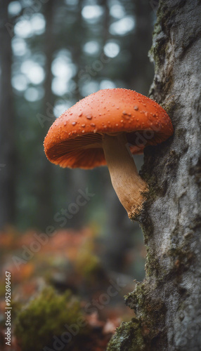 Wild orange and red mushroom growing on a tree